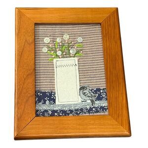 Handmade Analog Mixed Media Colorful Bird & Vase of Flowers Collage Wood Frame.